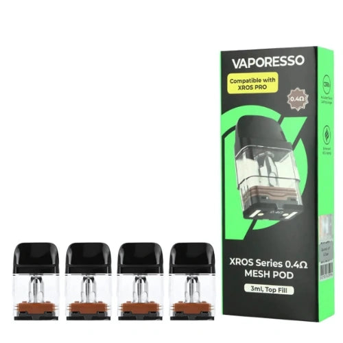 A pack of four Vaporesso XROS Series replacement pods, with a transparent e-liquid chamber and a black and green color scheme, compatible with Vaporesso XROS Series devices.