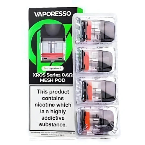 Pack of 4 Vaporesso XROS Series 3ml replacement pods with 0.6ohm mesh coils, designed for rich flavor and smooth MTL/RDL vaping experience.