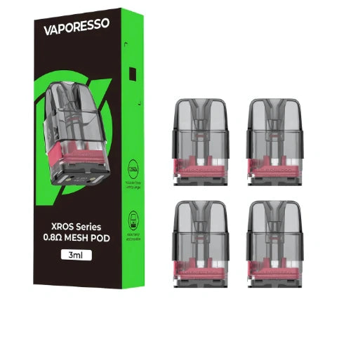 Four-pack of Vaporesso XROS Series 3ml pods with built-in 0.8ohm mesh coils, optimized for smooth flavor delivery and satisfying MTL draws.