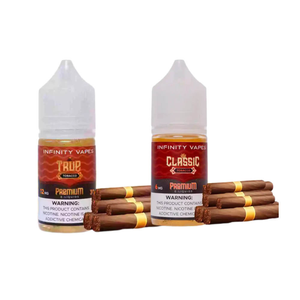 Two bottles of Infinity Vapes e-liquid with cigars on a white background