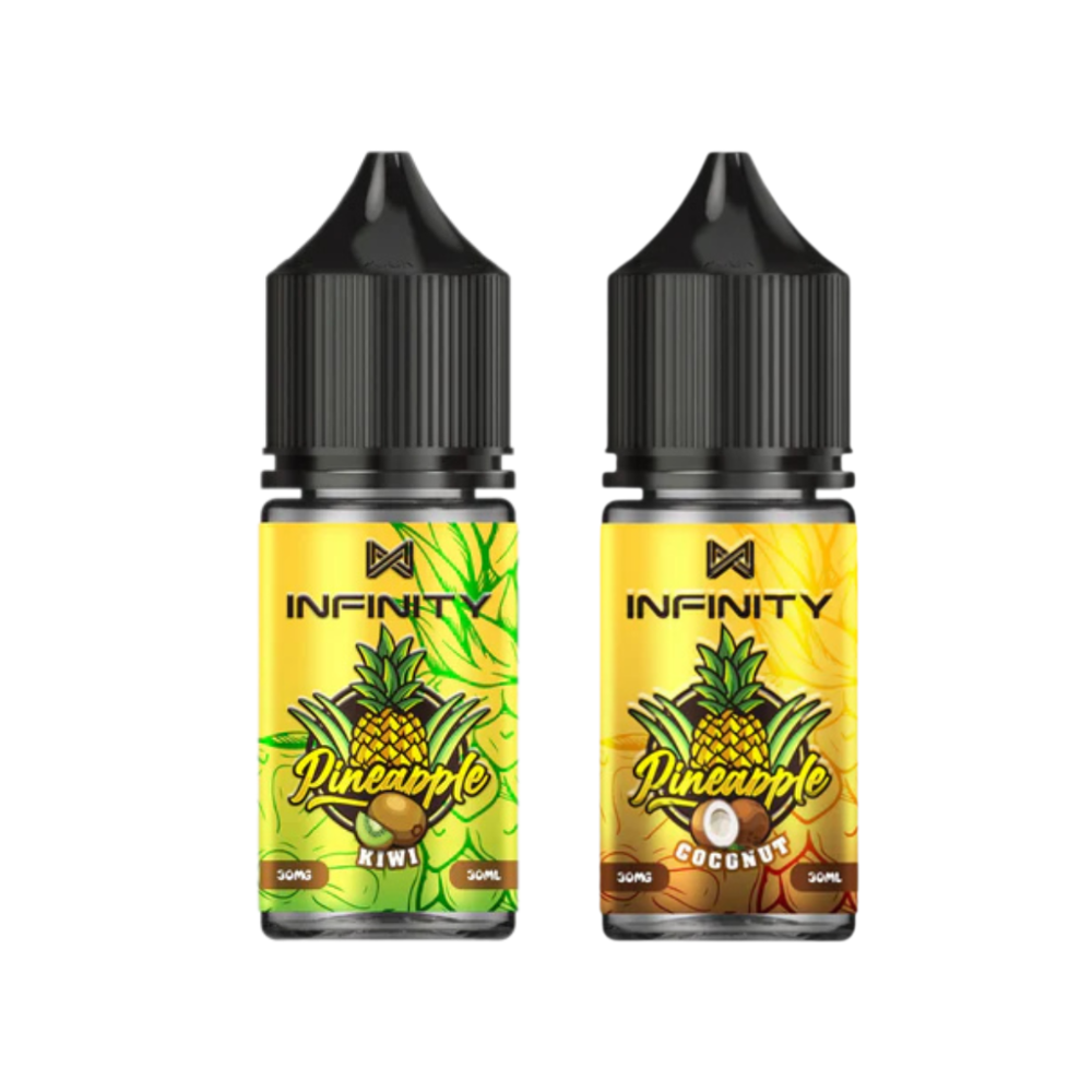 Two Infinity Pineapple Coconut vape juice bottles on a white background.