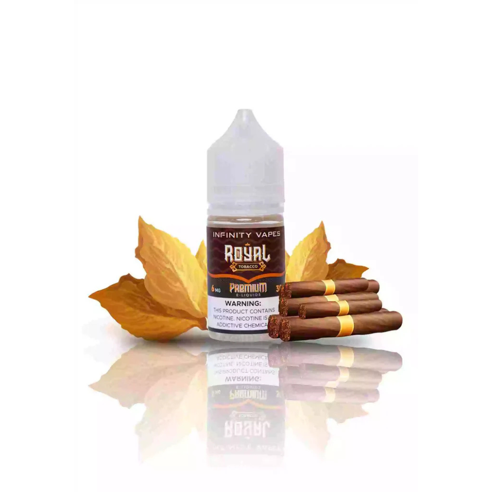 Infinity Vapes Royal Tobacco e-liquid bottle with tobacco leaves and cigars on a white background.