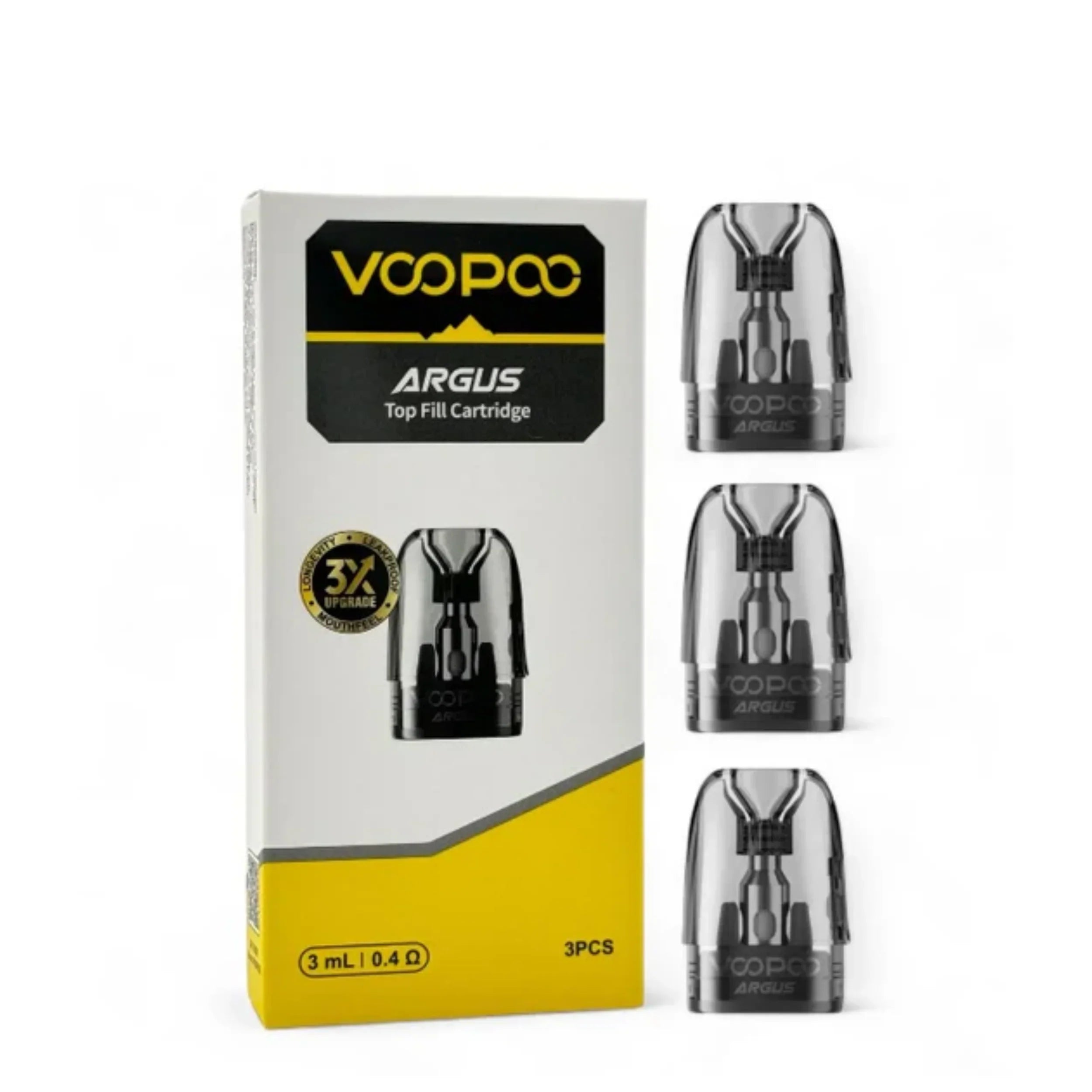 VOOPOO Argus top fill cartridge packaging with three cartridges displayed on a white background