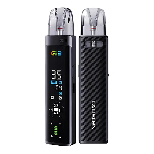 Uwell Caliburn G3 Pro Pod Kit featuring compact design, bright OLED screen, ergonomic fire button, and transparent mouthpiece advanced pod system for smooth vaping.
