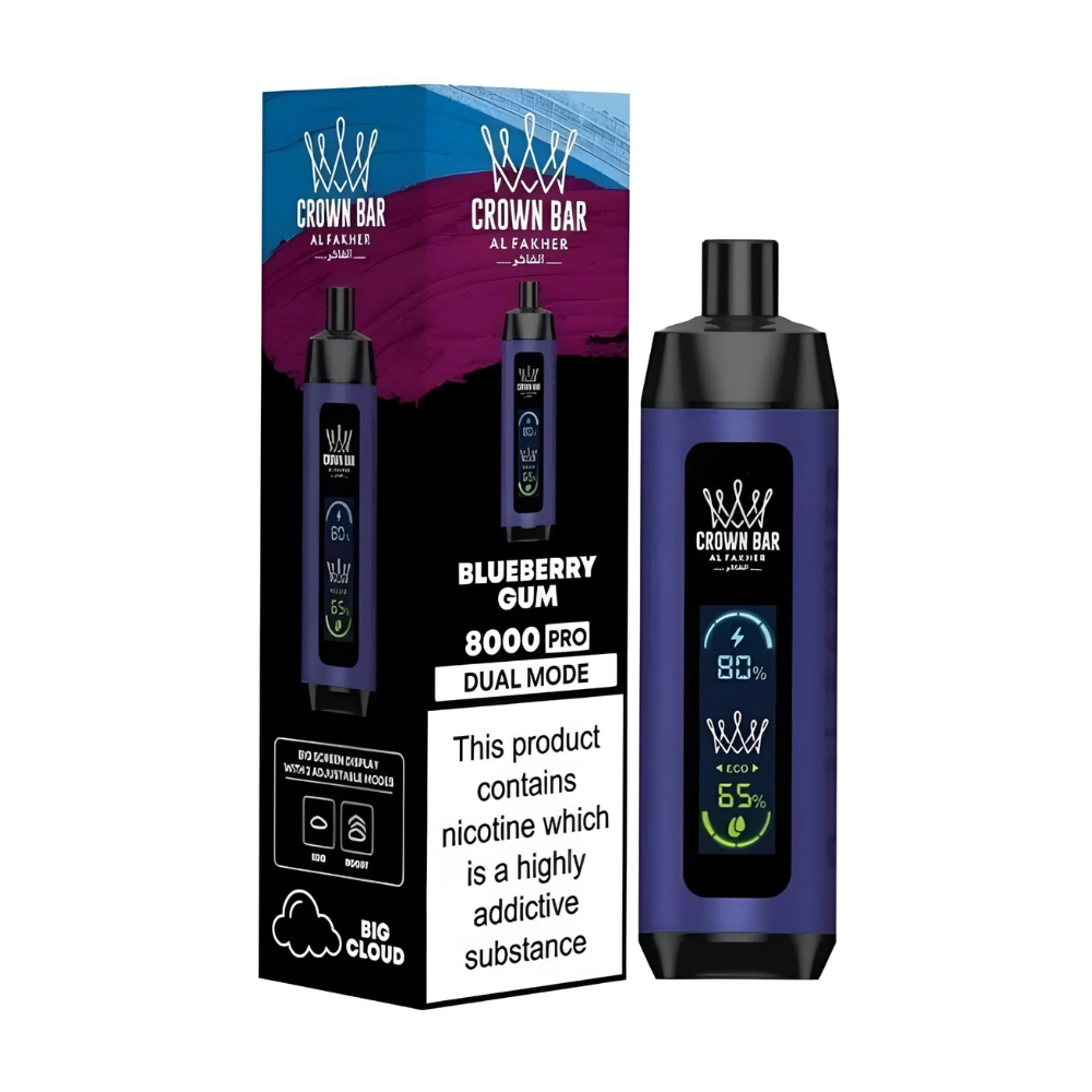 Al Fakher 8000 Pro Disposable Vape in Blueberry Gum flavour with sleek body, rechargeable battery, and mesh coil long-lasting vape with fruity blueberry and sweet gum taste.