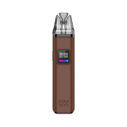 Oxva Xlim Pro Pod Kit in elegant brown leather finish featuring LED screen, adjustable wattage, and transparent mouthpiece – premium pod kit for smooth vaping performance.