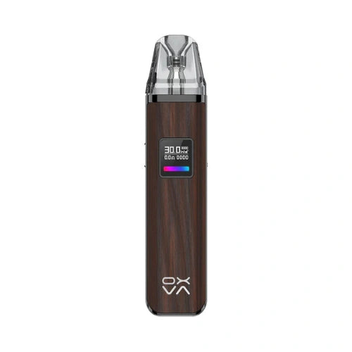 Oxva Xlim Pro Pod Kit in wood finish with LED screen display and transparent mouthpiece – sleek and portable vape device for smooth MTL vaping experience