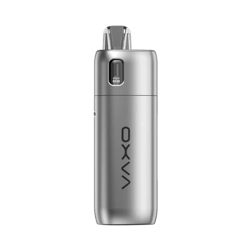 Oxva Oneo Pod Kit in Cool Silver finish with sleek metallic body, transparent pod, and adjustable airflow compact pod kit for smooth and flavourful vaping.