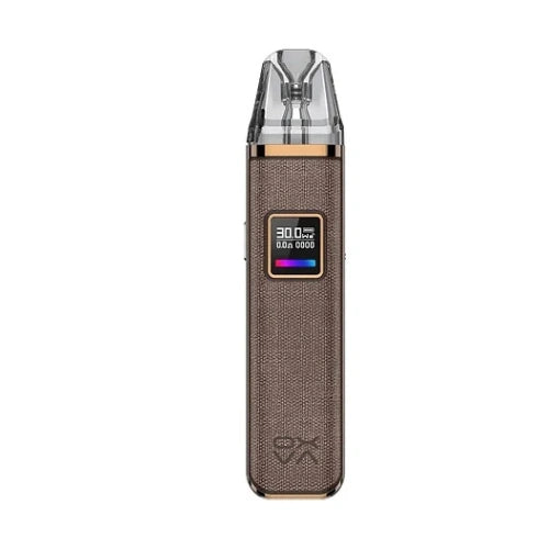 Oxva Xlim Pro Pod Kit in stylish golden brown finish with transparent mouthpiece and LED screen – advanced portable pod kit for premium vaping experience.