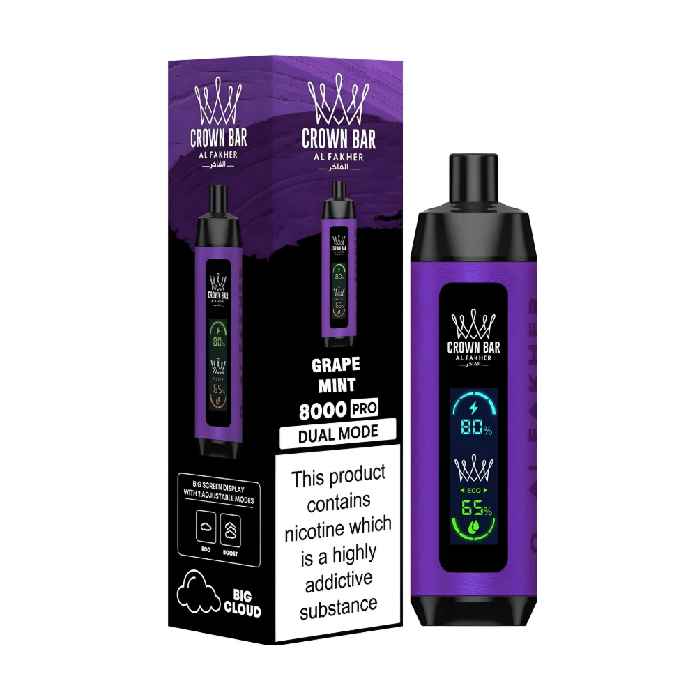 Al Fakher 8000 Pro Disposable Vape in Grape Mint flavour with sleek design, rechargeable battery, and mesh coil long-lasting vape with fruity grape and cool mint taste.