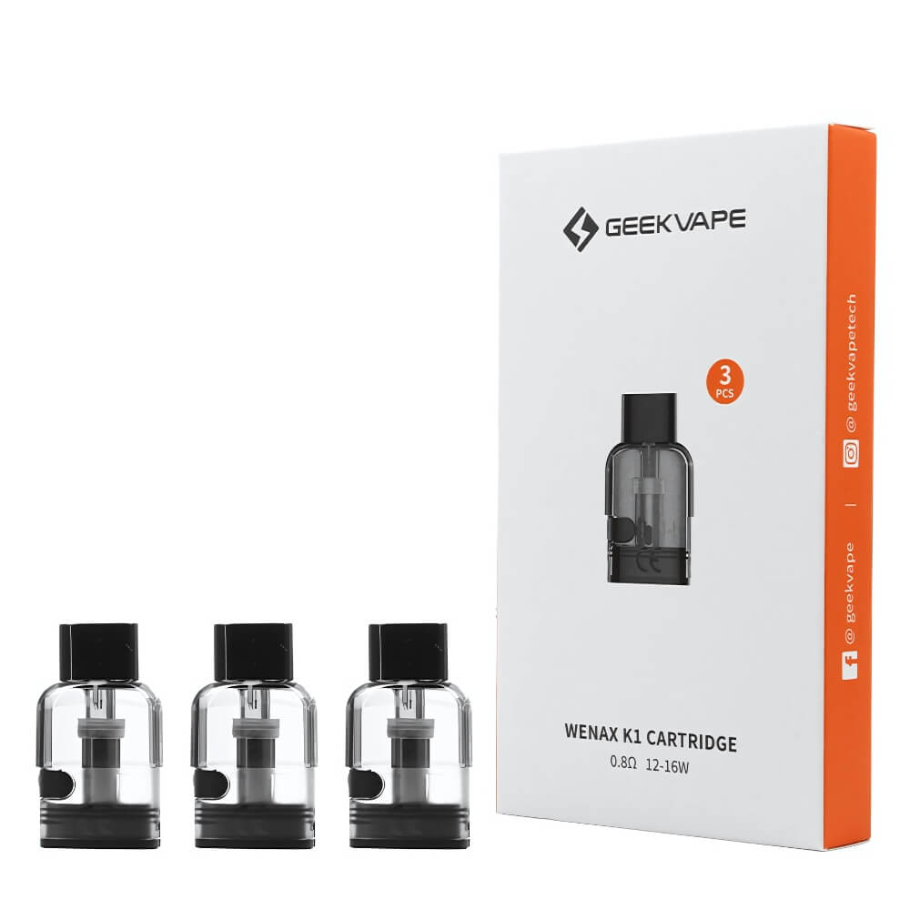 Geekvape Wenax K1 Cartridge Pod with 0.8ohm resistance, displayed alongside its packaging.