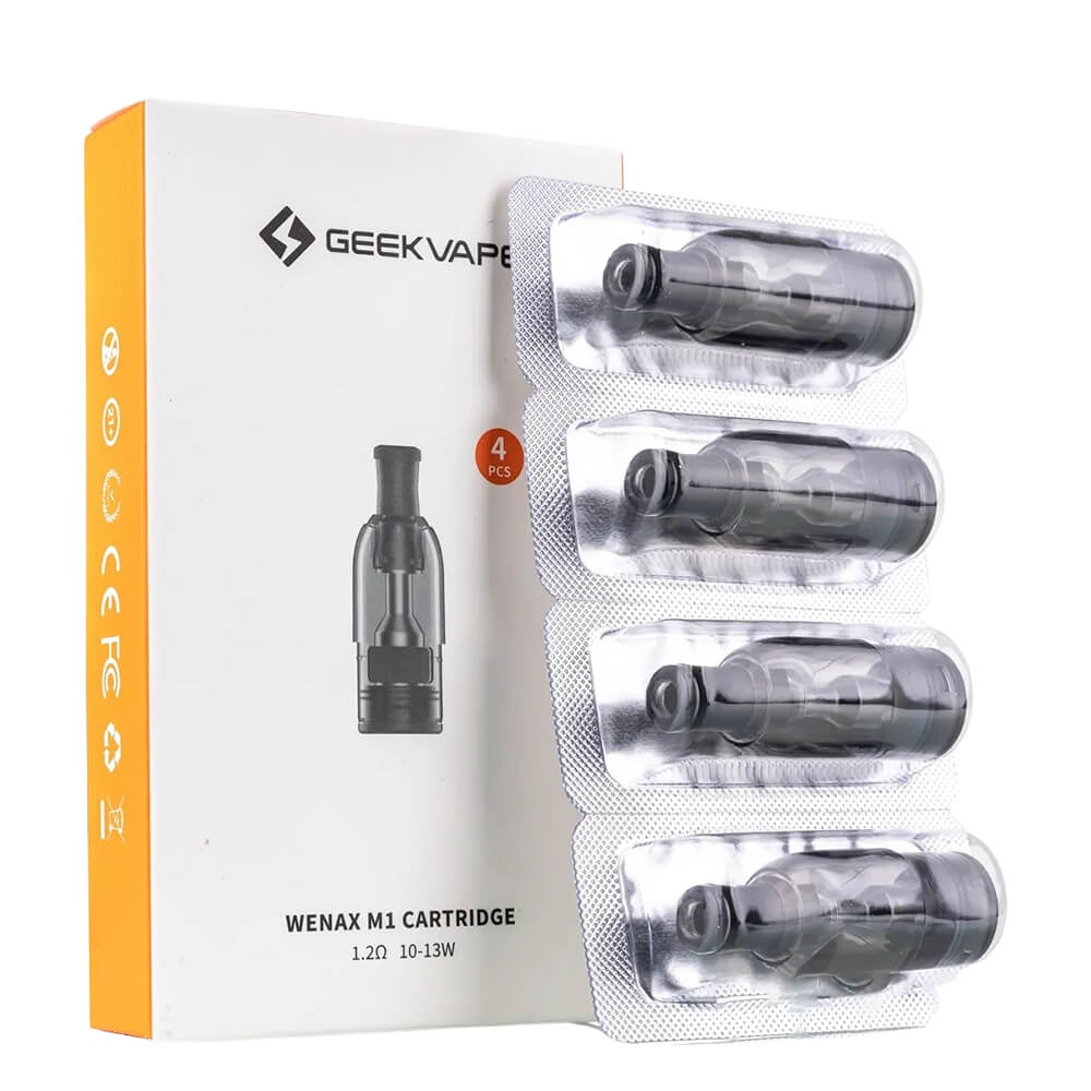 A pack of four Geekvape Wenax M1 Cartridge pods, each with a transparent section showing the internal structure and a label indicating the 0.8ohm resistance and 2ml capacity.