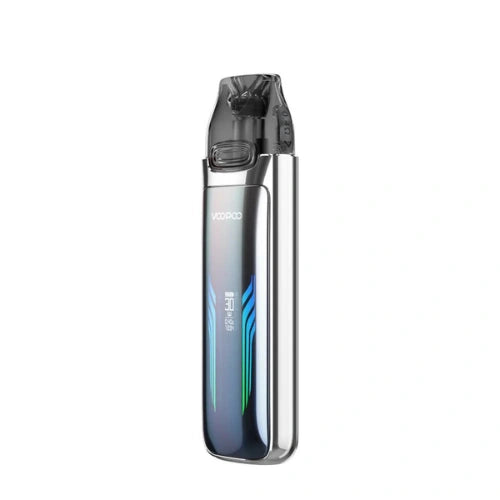 Voopoo Vmate Max Pod Kit in Glacier Silver finish with sleek metallic body, transparent pod, and ergonomic design premium pod system for smooth vaping.