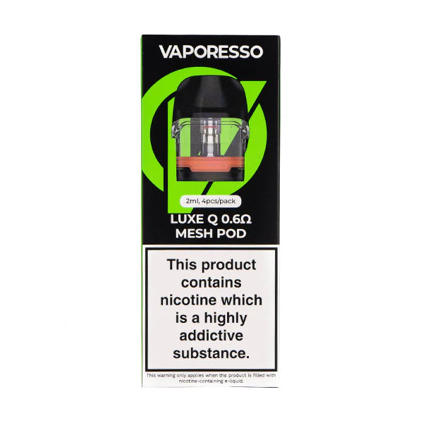 Packaging of Vaporesso Luxe Q 0.6Q Mesh Pod, displaying the product name and the nicotine warning label.