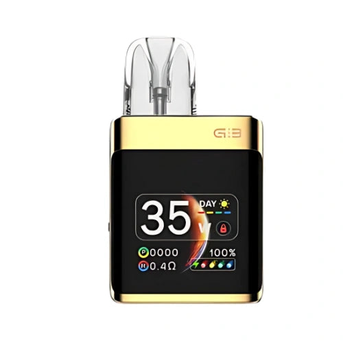 Uwell Caliburn G3 Pro Koko Pod Kit in Luxury Gold finish with premium square design, transparent pod, and OLED display elegant pod kit for smooth vaping.