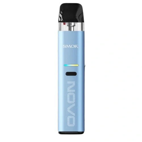 Smok Novo Eco Pod Kit in soft pale blue finish with transparent pod and ergonomic mouthpiece compact vape device for smooth daily vaping.