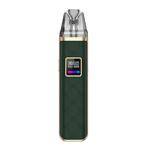 Oxva Xlim Pro Pod Kit in premium dark green finish with gold accents, transparent mouthpiece, and LED display – stylish pod kit for a smooth MTL vaping experience.