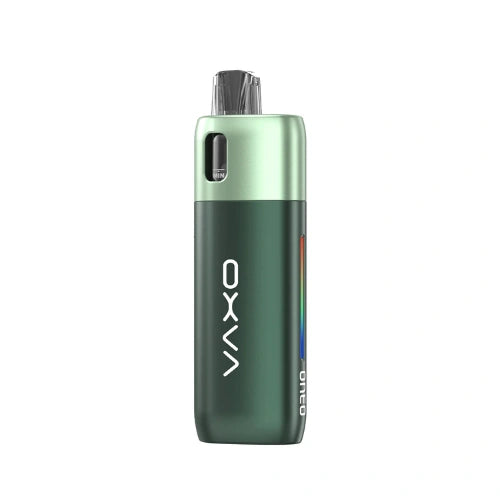 Oxva Oneo Pod Kit in Racing Green finish with modern metallic body, transparent pod, and adjustable airflow premium pod kit for smooth vaping performance.