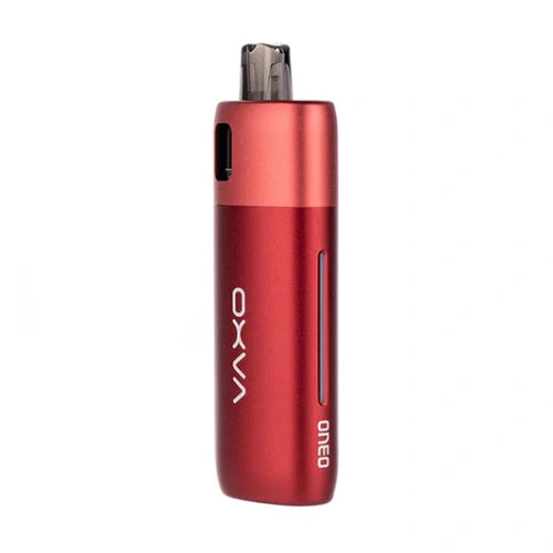 Oxva Oneo Pod Kit in bold Ruby Red finish with metallic body, transparent pod, and adjustable airflow compact pod system for smooth and flavourful vaping.