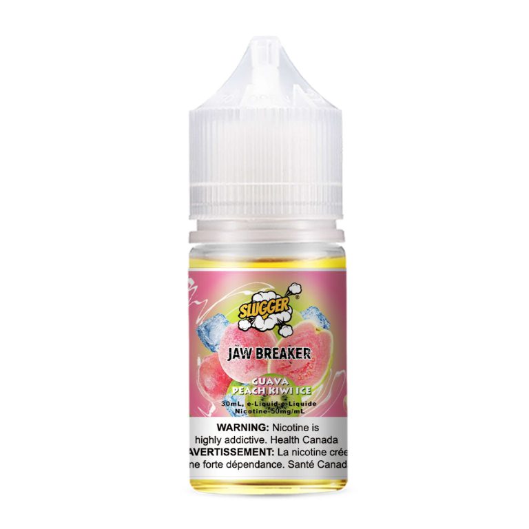 Slugger Nic Salt Guava Peach Kiwi Ice 30ml 50mg blends tropical guava, sweet peach, and tangy kiwi with a cool icy finish ideal for a fruity, refreshing MTL vape.
