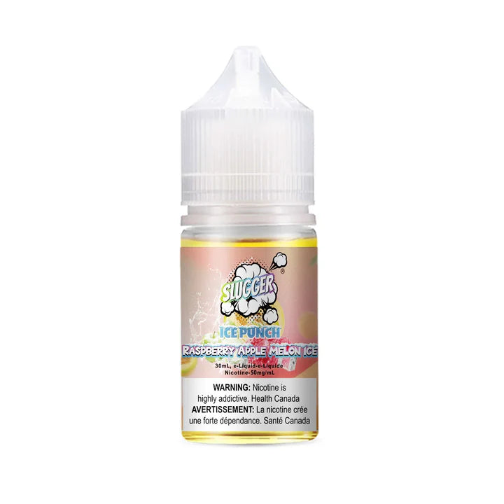 Slugger Nic Salt Raspberry Apple Melon Ice 30ml 50mg blends tart raspberry, crisp apple, and juicy melon with a cool icy finish perfect for a fruity MTL vape.
