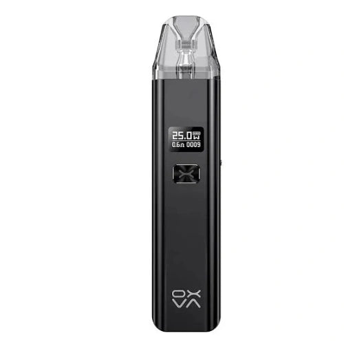 OXVA Xlim Pod Kit in Shiny Black finish with sleek metallic body, transparent pod, and adjustable airflow compact pod system for smooth vaping experience.