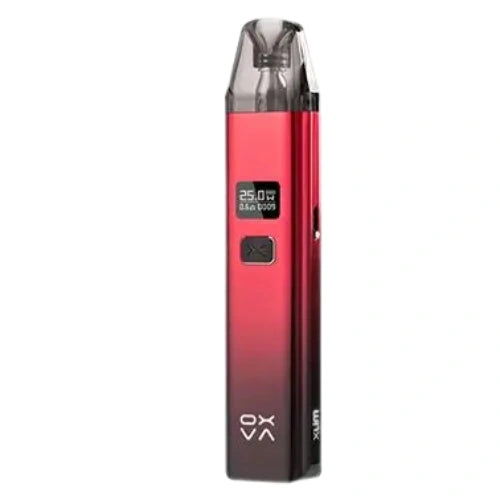 OXVA Xlim Pod Kit in Shiny Black Red finish with sleek metallic body, transparent pod, and adjustable airflow premium pod system for smooth vaping.