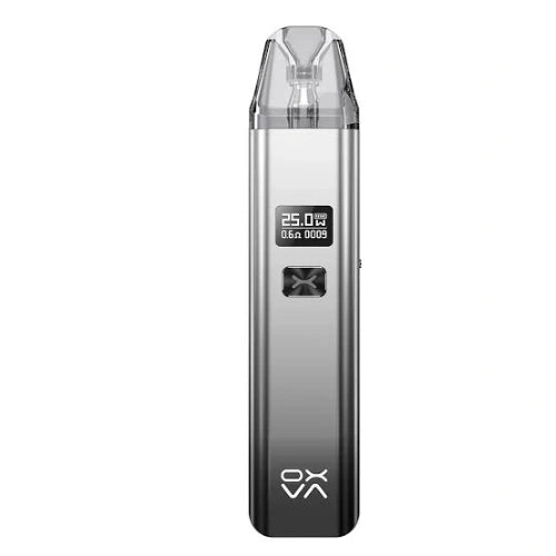 OXVA Xlim Pod Kit in Shiny Silver Black finish with metallic body, transparent pod, and adjustable airflow stylish pod system for smooth vaping performance.