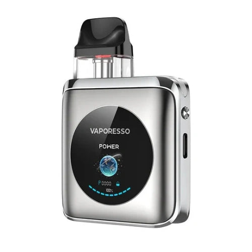 Vaporesso XROS 4 Nano Pod Kit in sleek silver finish with compact square body, transparent pod, and adjustable airflow stylish pod system for smooth vaping.