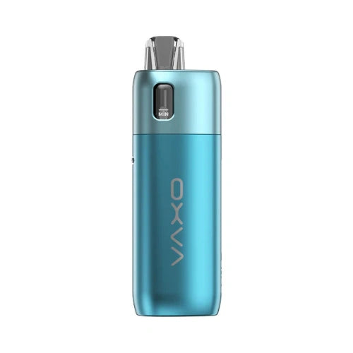 Oxva Oneo Pod Kit in vibrant Sky Blue finish with sleek metallic body, transparent pod, and adjustable airflow stylish pod kit for smooth vaping experience.
