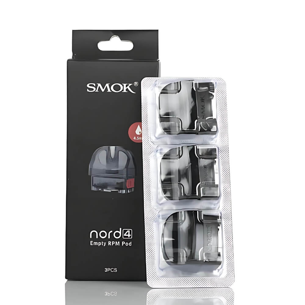Packaging of Smok Nord 4 empty RPM replacement pods showing 3 individual pods inside a transparent plastic blister pack with a black and white box in the background.
