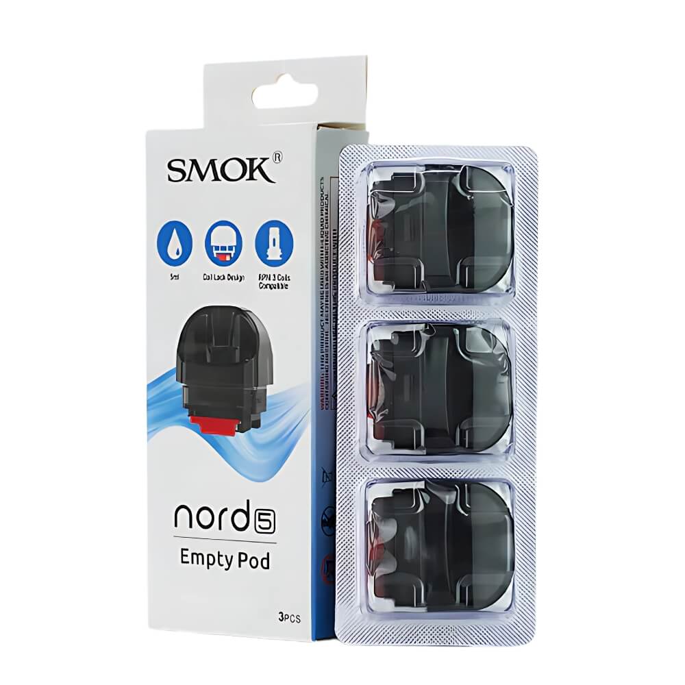 Packaging of Smok Nord 5 Empty Pod containing three individual pods, with the brand's logo and product information displayed on the box.