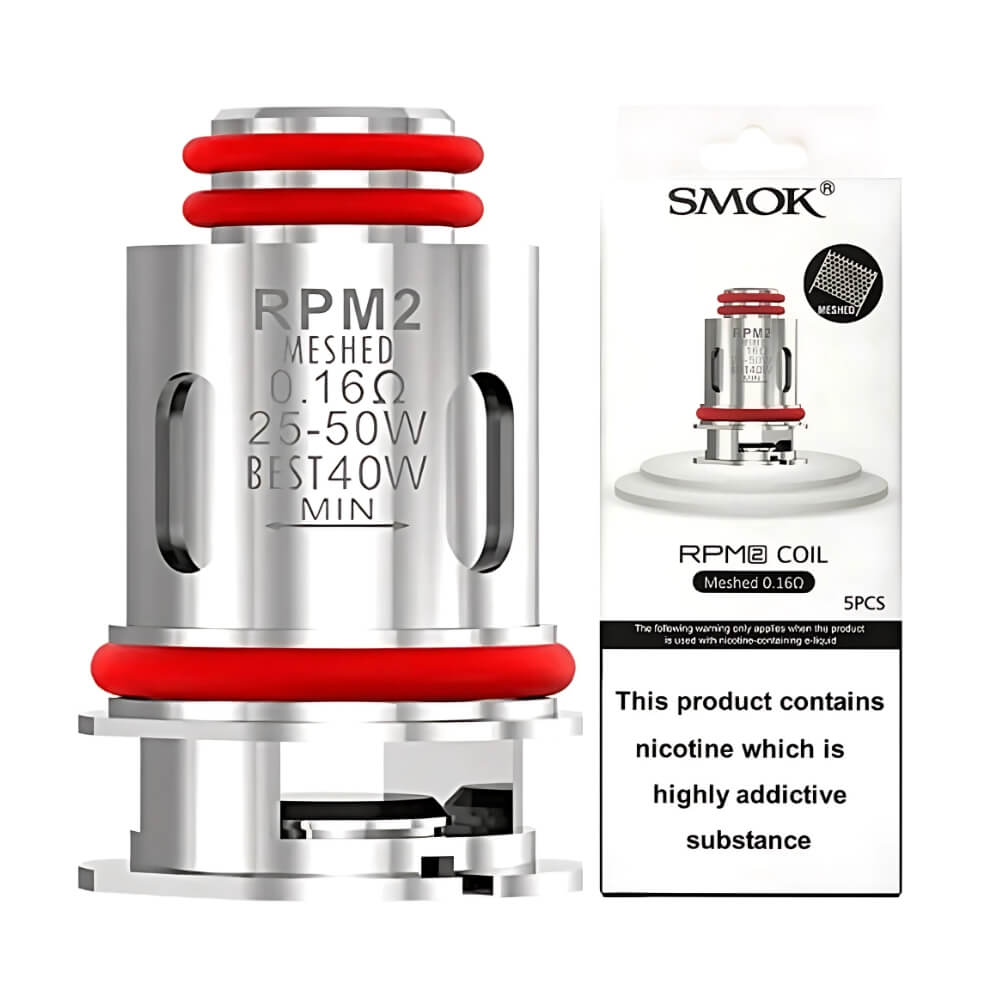Smok RPM 2 0.16 Ohm Mesh Replacement Coil with red O-rings, designed for 25-50W, delivering dense vapour and bold flavour compatible with Smok RPM 2 devices.