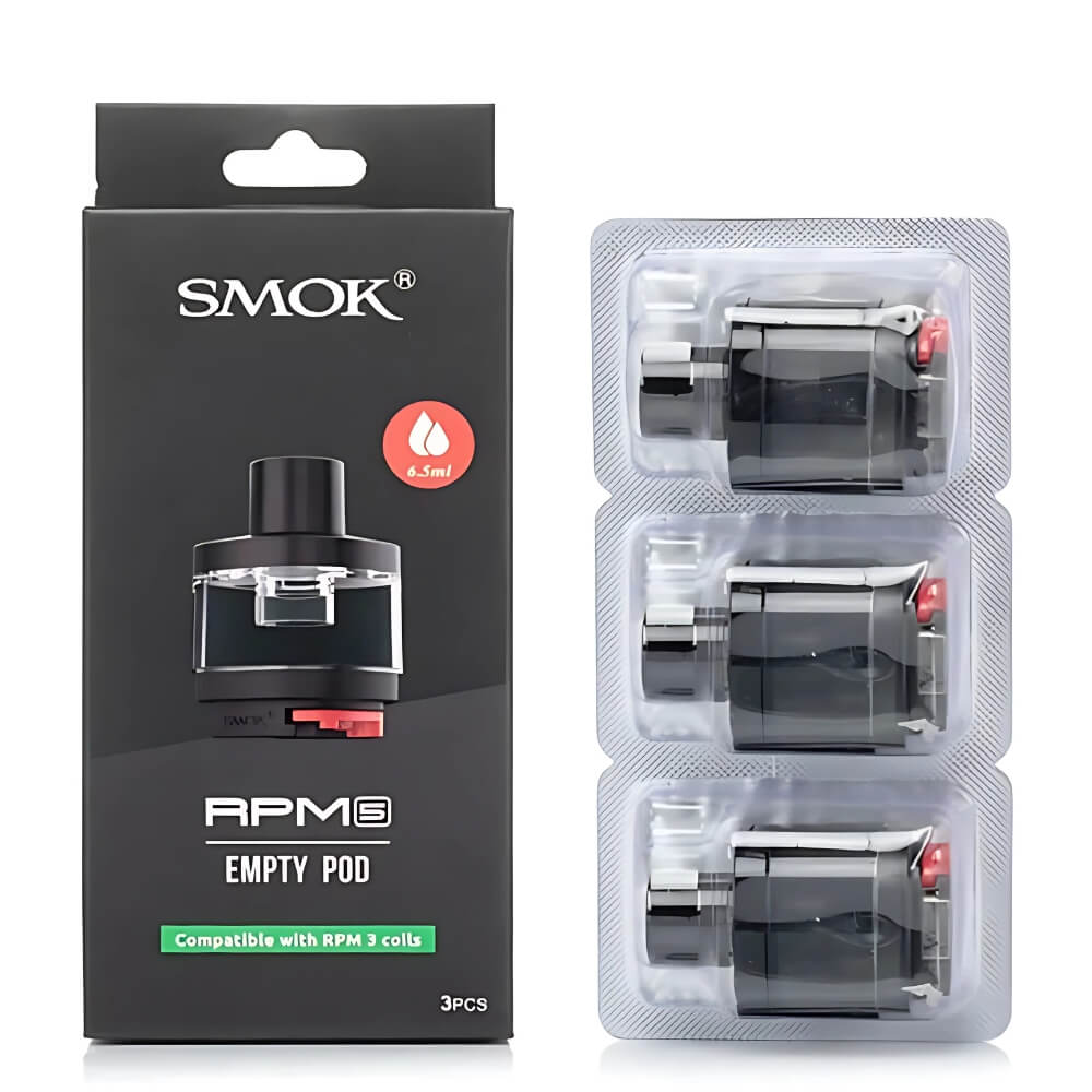 Packaging of Smok RPM 5 empty pods with three individual pods displayed in front. The pods are black with a 2 ml e-liquid capacity indicator and a red switch at the bottom.