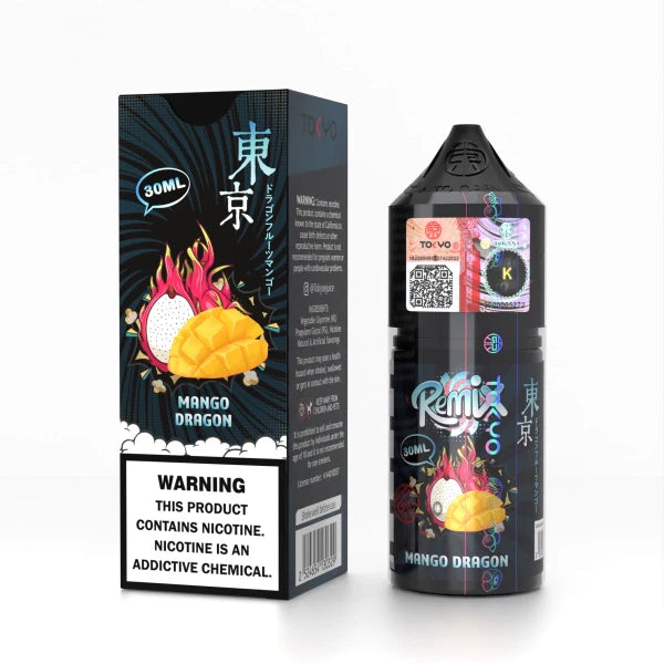 Tokyo Remix Series 30ml Nic Salt Mango Dragon flavour combines juicy mango with exotic dragon fruit for a tropical vape smooth throat hit and rich MTL flavour.