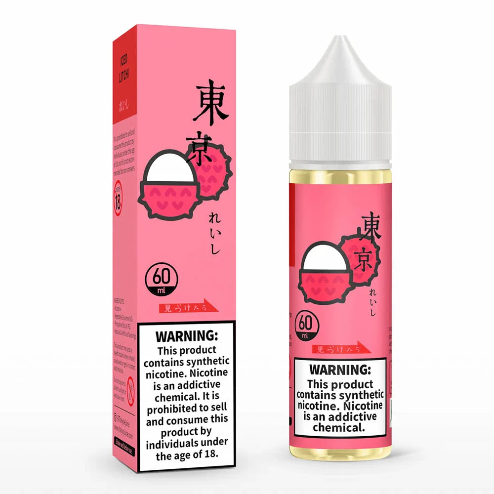 Pink vape juice bottle and packaging with Japanese text and warning labels on a white background