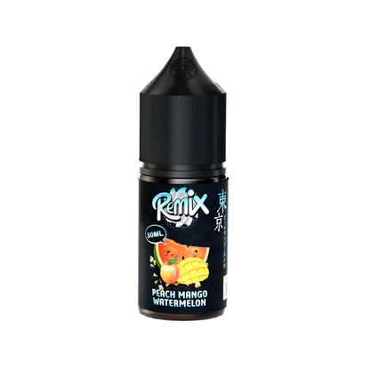 Remix Peach Mango Watermelon vape juice bottle with a white background.
