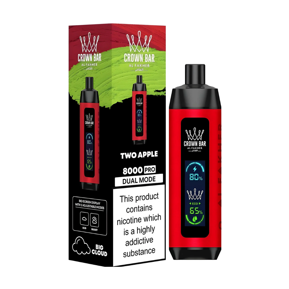 Al Fakher 8000 Pro Disposable Vape in Two Apple flavour with sleek design, rechargeable battery, and mesh coil long-lasting vape with crisp double apple taste.