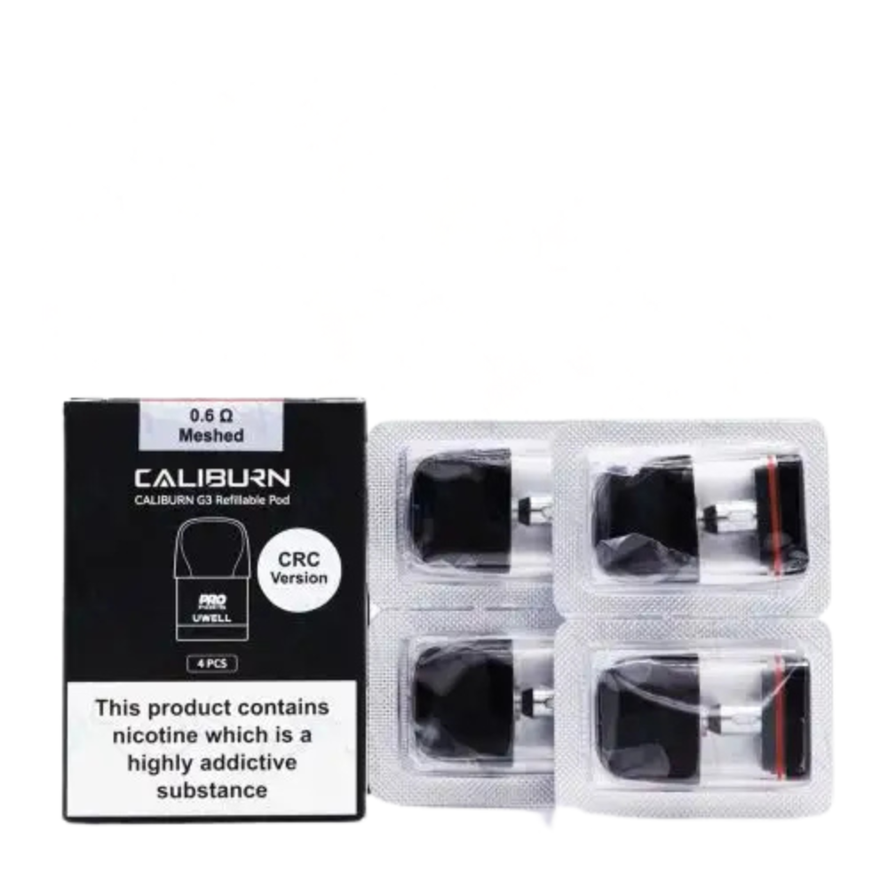 Caliburn vaping pods packaging with nicotine warning label on a white background.