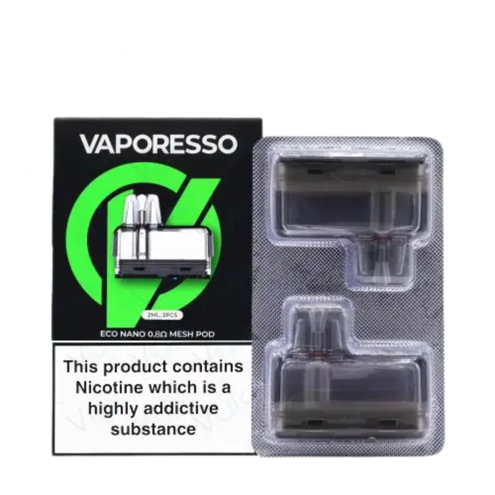 Vaporesso vape pods with packaging and nicotine warning label on a white background.