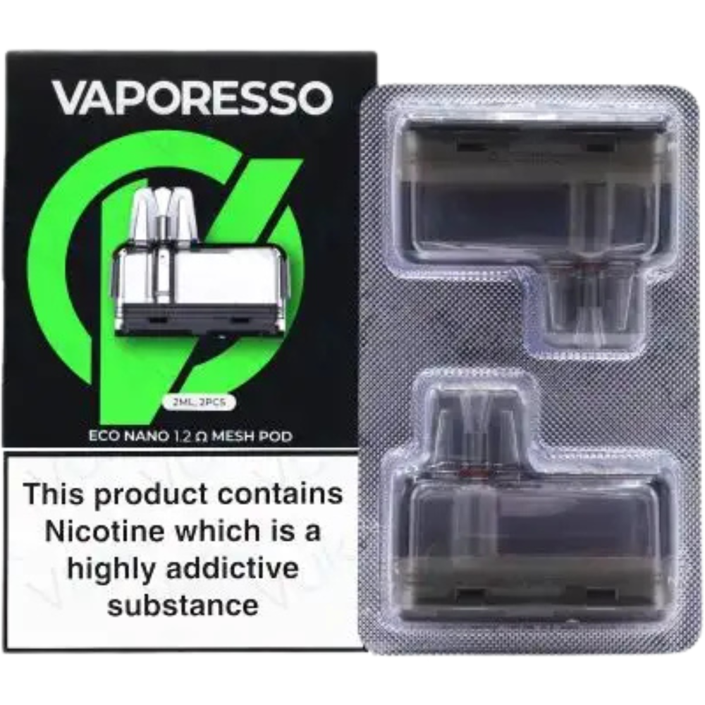 Vaporesso vape pods in packaging with brand logo and nicotine warning text.