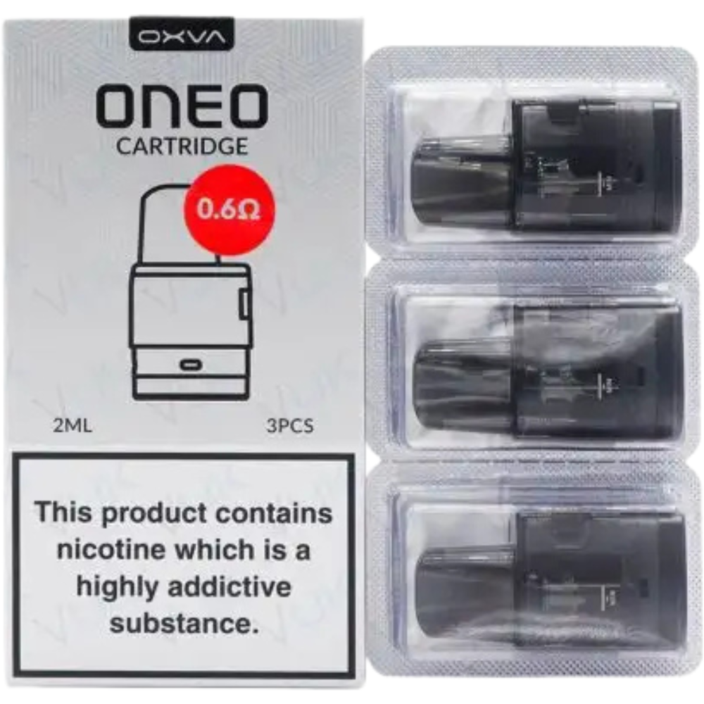 OXVA ONEO cartridge packaging with three cartridges inside a clear plastic case on a white background.