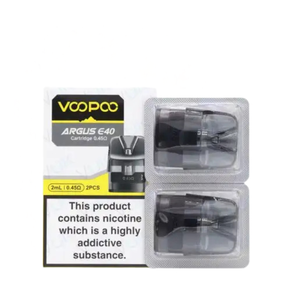Voopoo Argus E40 vape cartridge packaging on a white background.