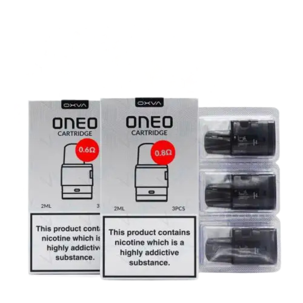 OXVA ONEO cartridge packaging with nicotine warning labels on a white background.