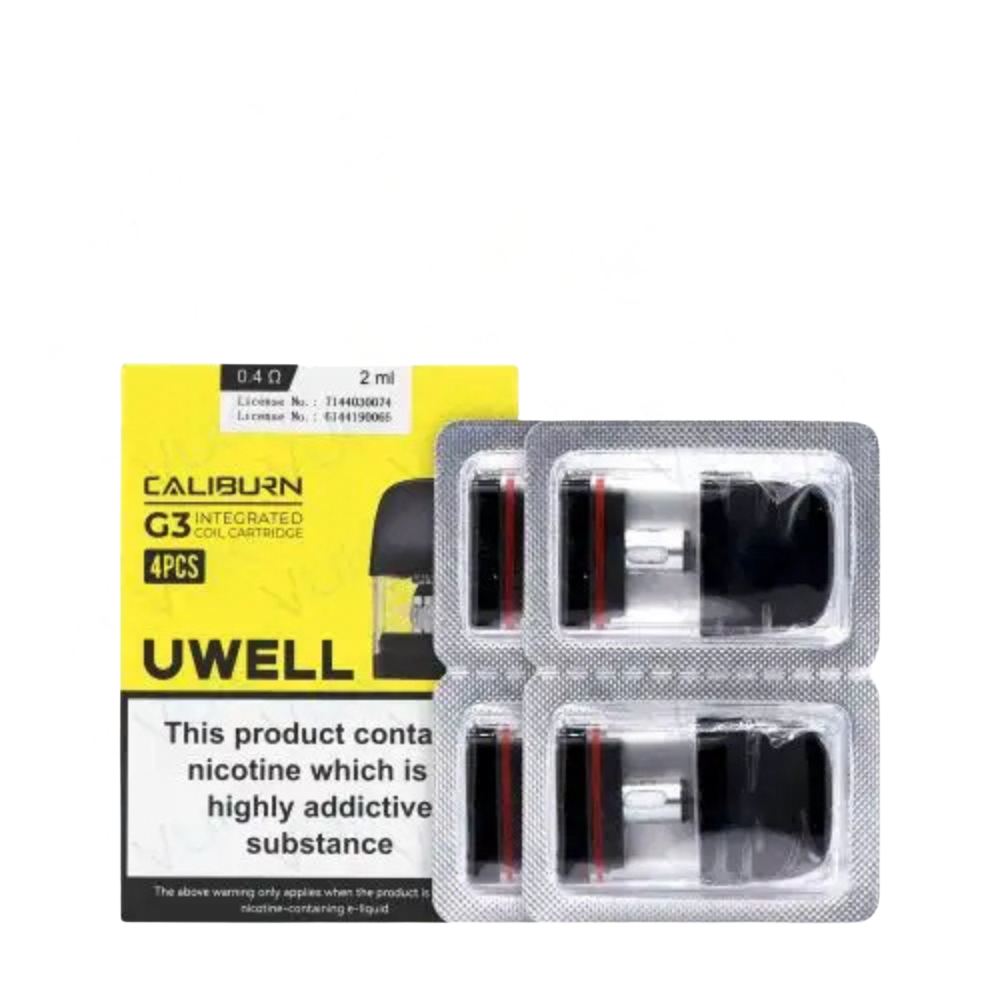 UWELL Caliburn G3 vape cartridge packaging on a white background.