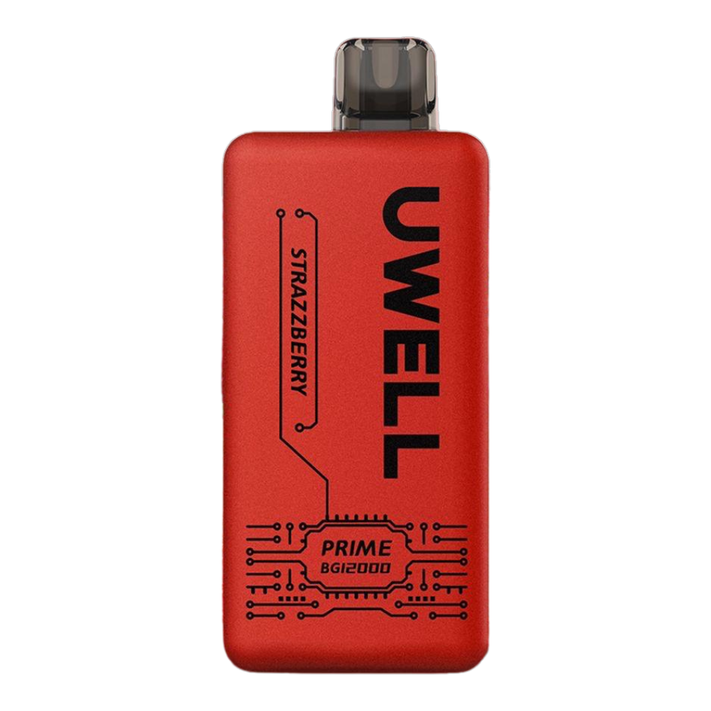 Uwell Prime BG12000 50mg Disposable Vape in Strazzberry flavour with sleek body, rechargeable battery, and mesh coil long-lasting vape with sweet strawberry and raspberry blend.