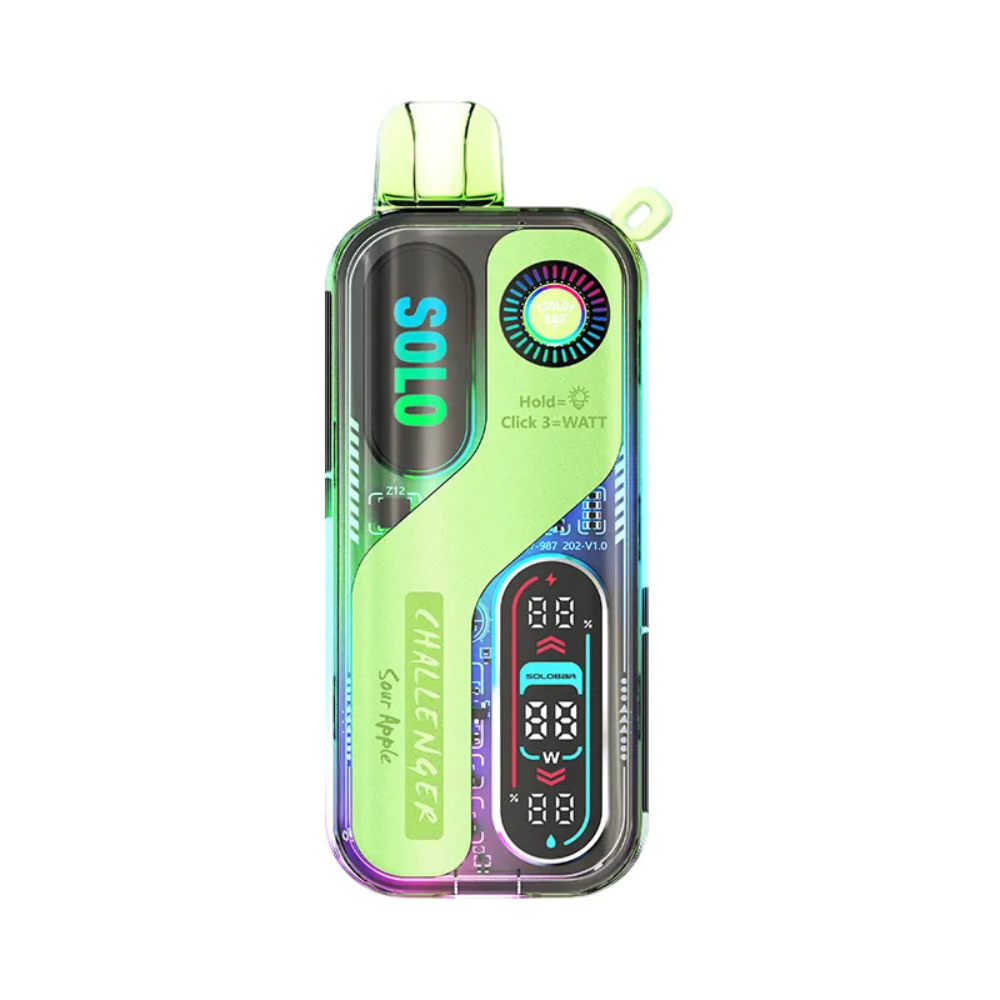 Solo Bar 30K 50mg Disposable Vape in Sour Apple flavour with sleek design, rechargeable battery, and mesh coil long-lasting vape with crisp, tangy apple taste.