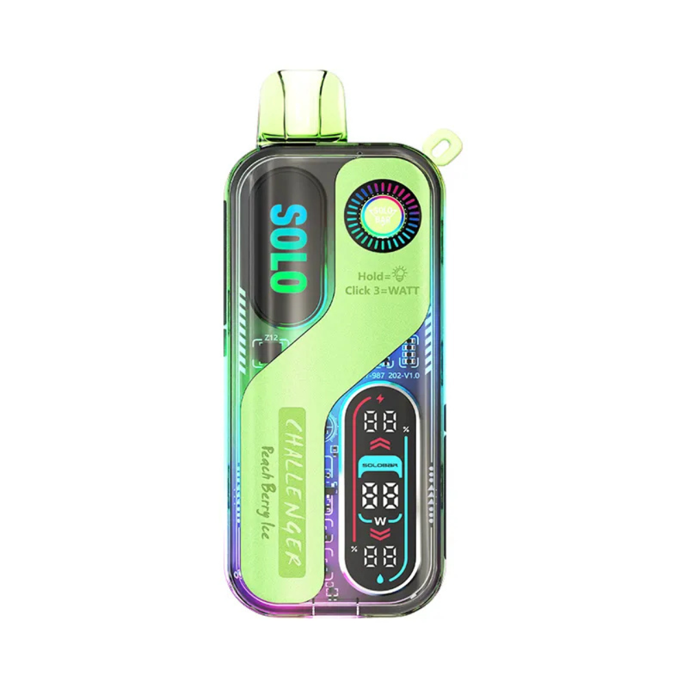 Solo Bar 30K 50mg Disposable Vape in Peach Berry Ice flavour with sleek body, rechargeable battery, and mesh coil fruity vape with sweet peach, mixed berries, and icy cool finish.
