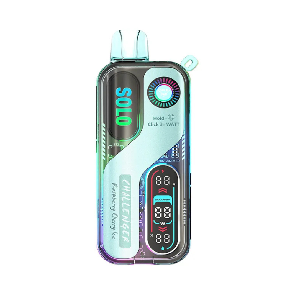Solo Bar 30K 50mg Disposable Vape in Raspberry Cherry Ice flavour with sleek body, rechargeable battery, and mesh coil fruity vape with bold berry, cherry, and icy cool finish.