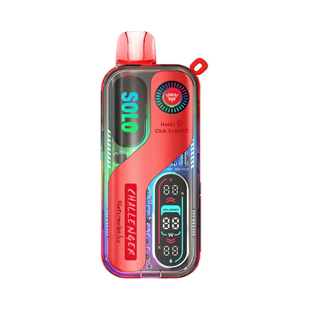 Solo Bar 30K 50mg Disposable Vape in Watermelon Ice flavour with sleek design, rechargeable battery, and mesh coil fruity vape with juicy watermelon and icy cool finish.